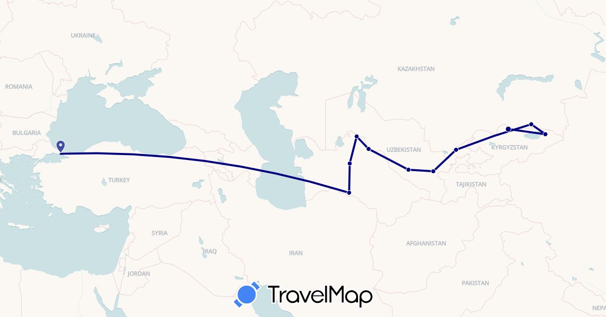 TravelMap itinerary: driving in Kyrgyzstan, Kazakhstan, Turkmenistan, Turkey, Uzbekistan (Asia)